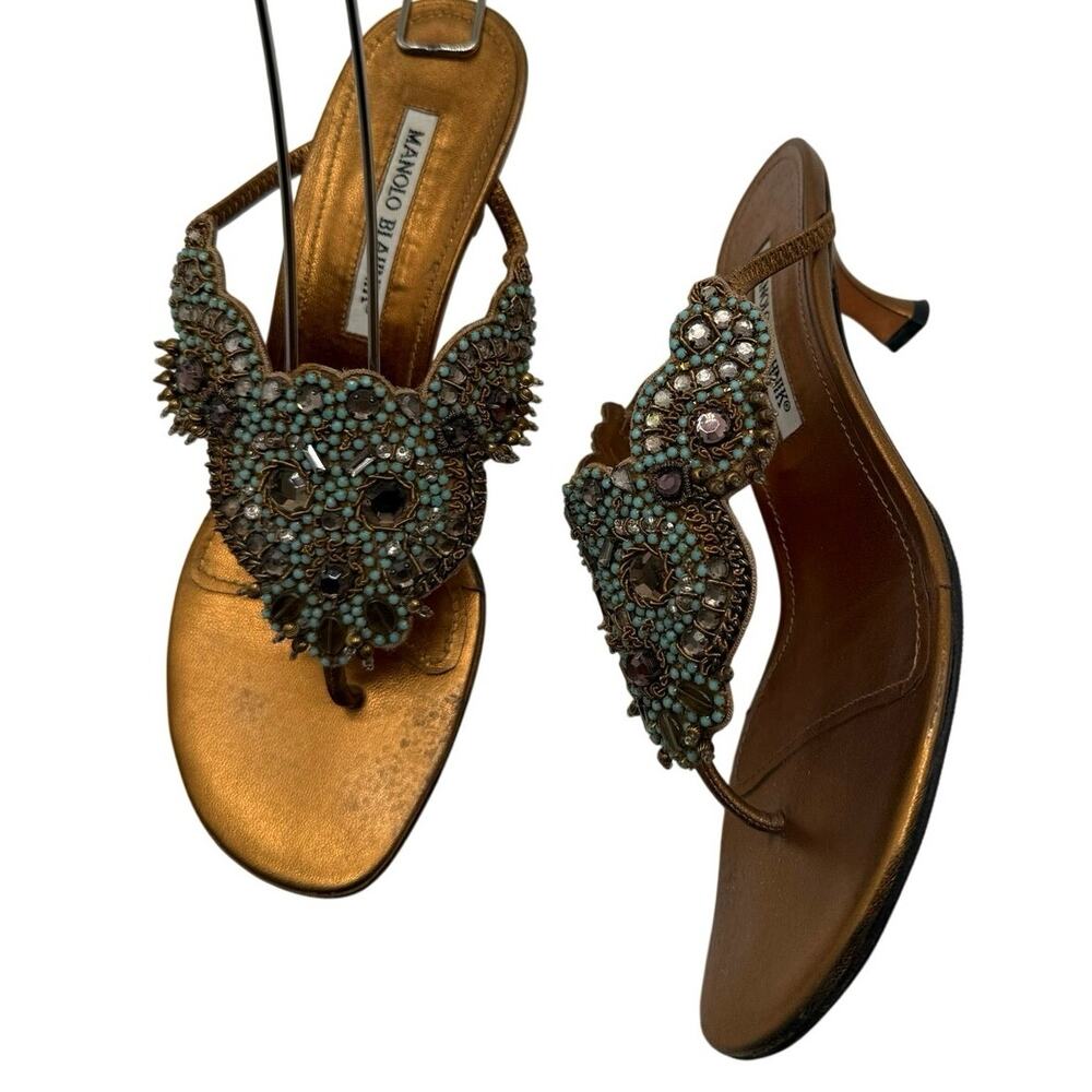 Manolo Blahnik Vintage Turquoise Beaded Metallic Kitten Heel Mule Sandals 37.5